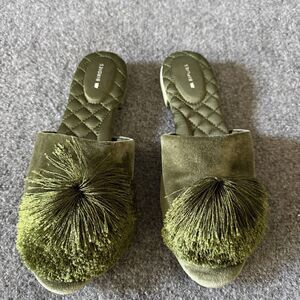 The Birdies The Songbird Mules Velvet Pom Pom Slide Slippers in Matcha Green